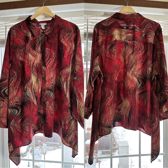 Catherines Collared Button-Up Top Blouse Asymmetric Artsy Boho Red Plus Size 3X - Picture 1 of 12